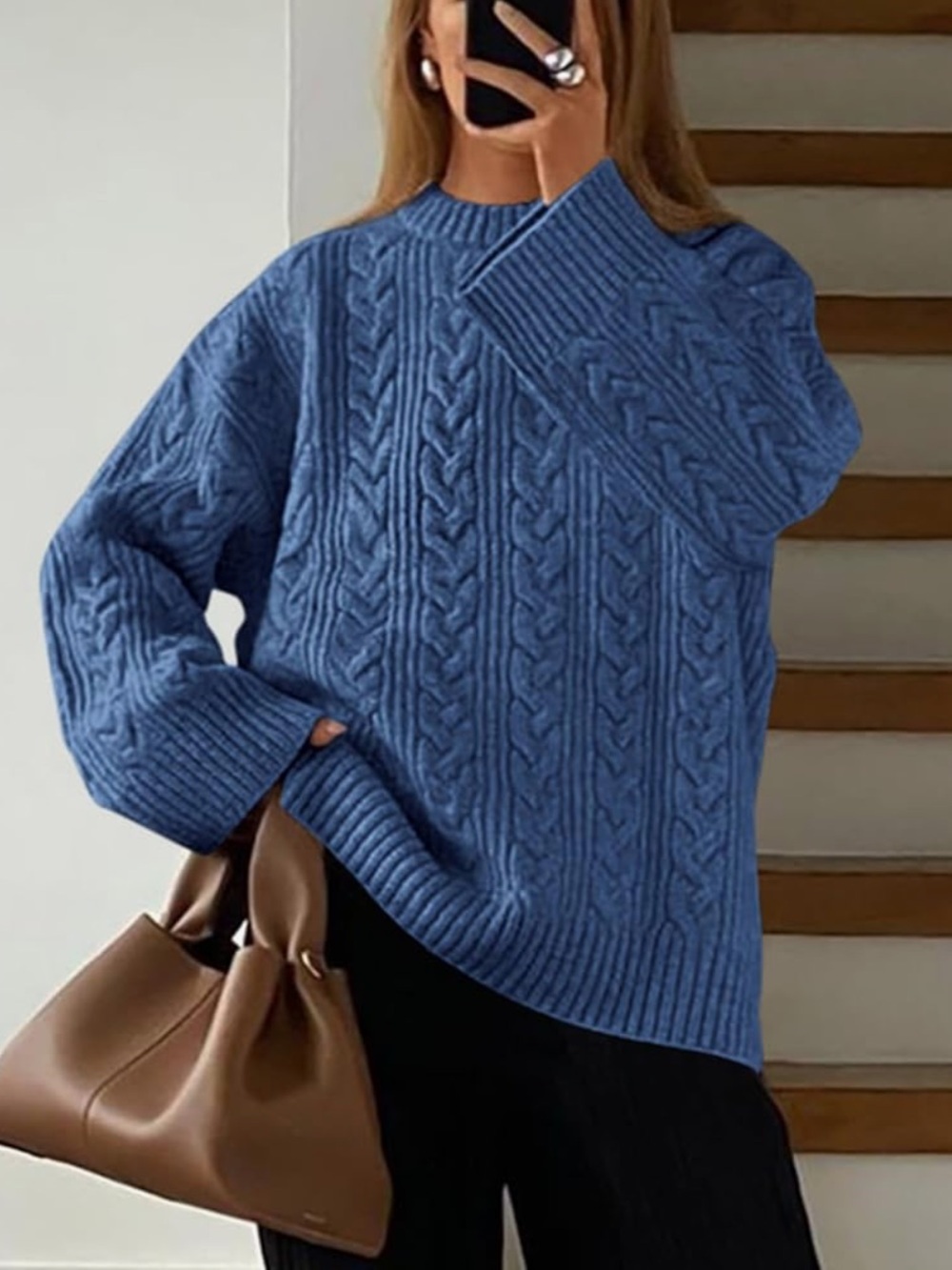 Blue Cable Knit Pullover Sweater - Casual Women's Knit